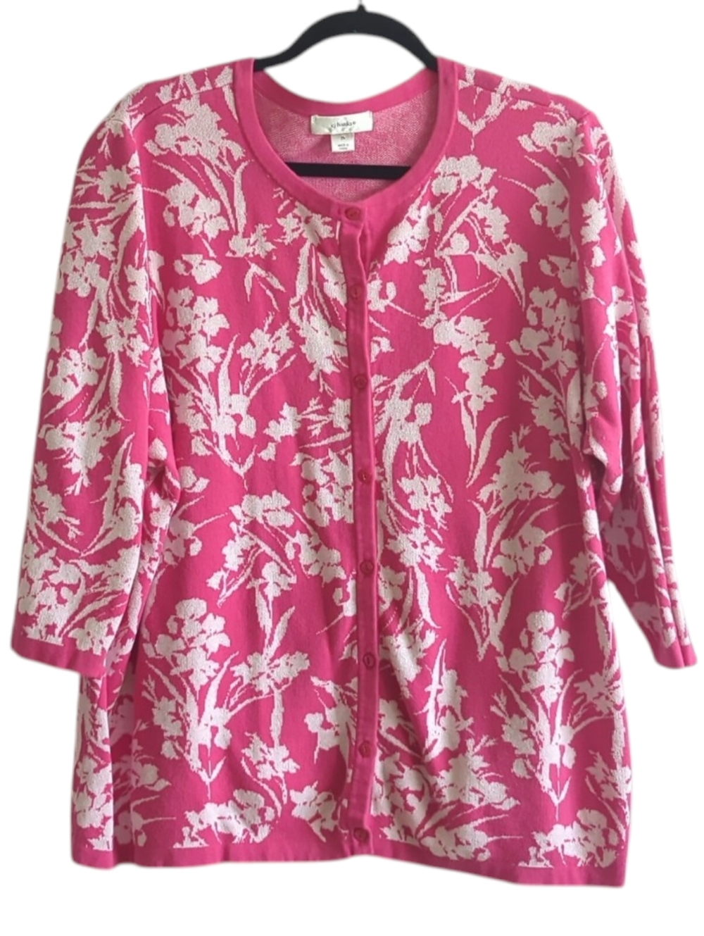CJ Banks Bright Pink & White Floral 3/4 Sleeve Cotton Cardigan Sweater Size 2X